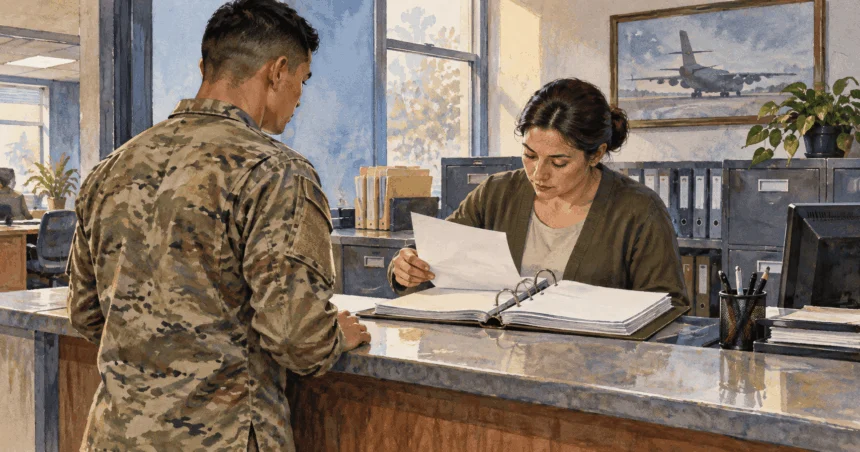 Conceptual painting of a military finance clerk reviewing a pay record with a service member.