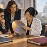 Conceptual painting of policy staff discussing a semiconductor wafer and unmarked files.