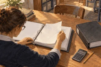Painted illustration of a researcher examining blank financial-record binders at an archive table.
