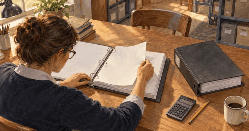 Painted illustration of a researcher examining blank financial-record binders at an archive table.