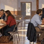 Conceptual watercolor of separate political volunteer groups in a civic hall.