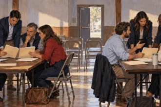 Conceptual watercolor of separate political volunteer groups in a civic hall.