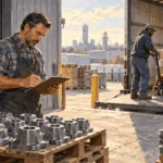 Conceptual painting of a manufacturer checking finished goods while new supplies arrive at a loading dock.