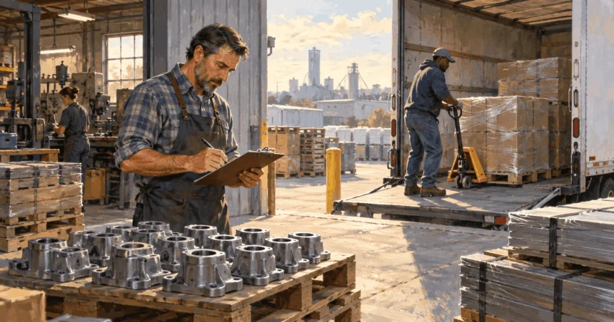 Conceptual painting of a manufacturer checking finished goods while new supplies arrive at a loading dock.