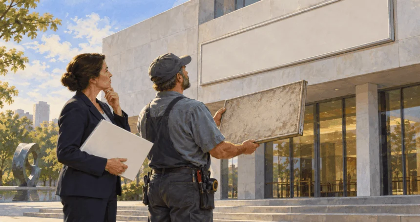 Conceptual painting of people considering a change to a performing-arts center sign.