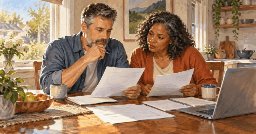 Painted illustration of couple reviewing health insurance premium notices at home.