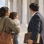 Conceptual watercolor of a parent, child and lawyer outside an anonymous courthouse.