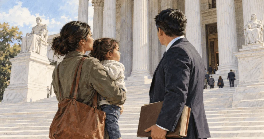 Conceptual watercolor of a parent, child and lawyer outside an anonymous courthouse.