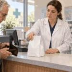 Pharmacist and patient reviewing medication cost options.