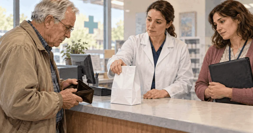 Pharmacist and patient reviewing medication cost options.