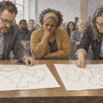 Conceptual painting of people reviewing proposed congressional district lines.