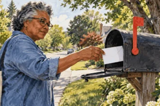 Painted illustration of a voter places a sealed blank mail ballot envelope into a curbside mailbox in daylight.