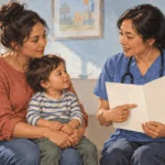 Conceptual painting of a parent speaking with a nurse about vaccination information.