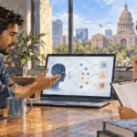 Conceptual painting of a Texas engineer and compliance colleague reviewing an AI system.