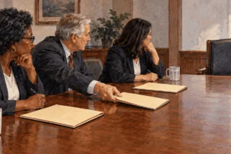 Conceptual watercolor of a search panel considering an empty leadership chair and closed folders.