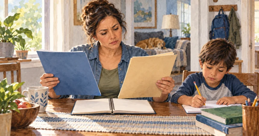 Parent compares health-plan and tax folders at home with a child nearby.