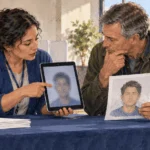 Conceptual painting of an election worker and voter examining a synthetic image.