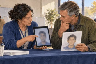 Conceptual painting of an election worker and voter examining a synthetic image.