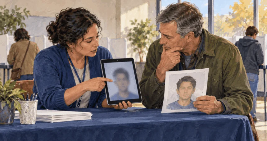 Conceptual painting of an election worker and voter examining a synthetic image.