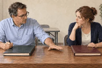 Conceptual watercolor of campaign workers considering two separate closed accounting ledgers.