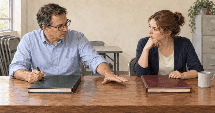 Conceptual watercolor of campaign workers considering two separate closed accounting ledgers.