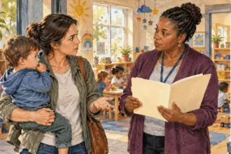 Conceptual painting of a parent discussing child-care funding with a center administrator.