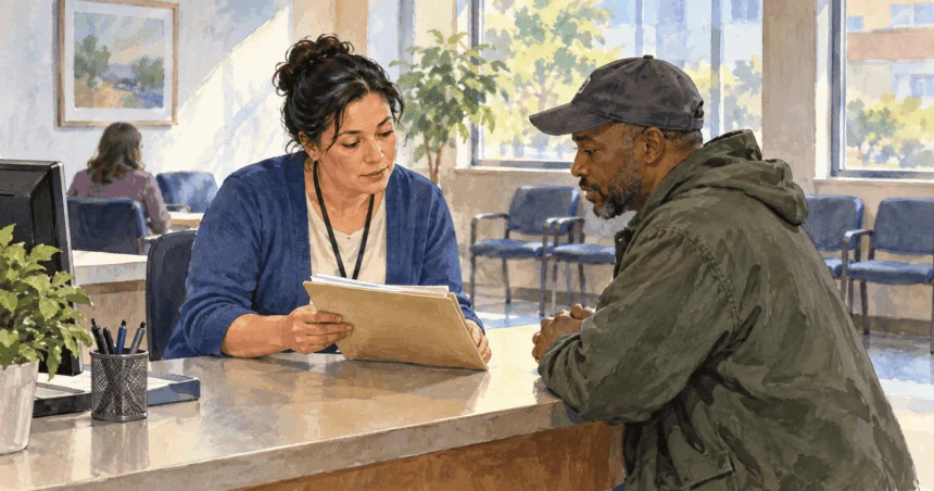 Conceptual painting of a resident and benefits-office worker reviewing a plain folder at a service counter.