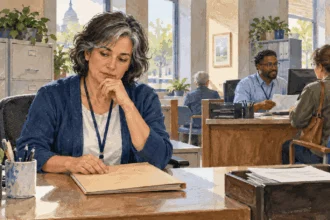 Conceptual watercolor of a federal worker considering a personnel folder as service continues nearby.