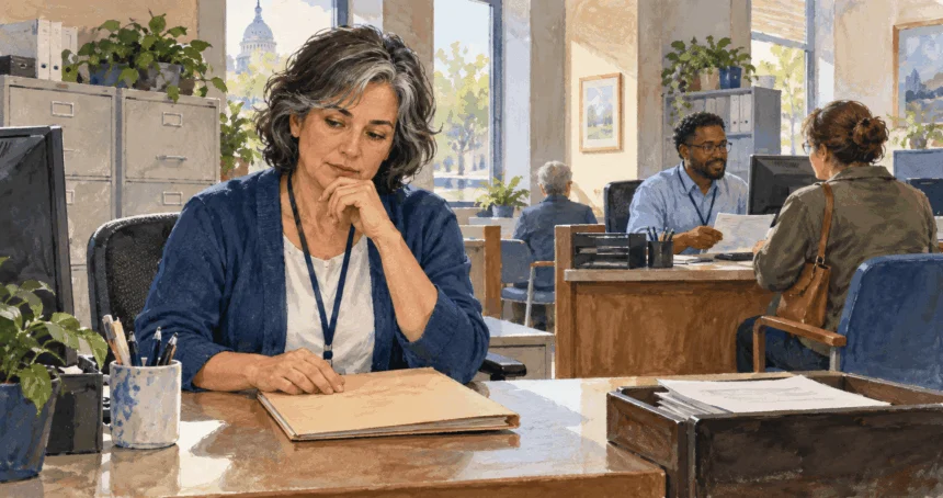 Conceptual watercolor of a federal worker considering a personnel folder as service continues nearby.