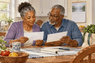 Painted older couple comparing benefit envelopes at a kitchen table with groceries nearby.
