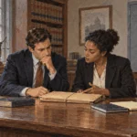 Painted illustration of attorneys discussing a gun-rights case file in a court library.