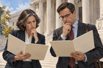 Conceptual painting of legal experts discussing presidential war powers outside court.