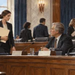 Conceptual painting of a congressional staffer bringing a war-powers folder to committee.