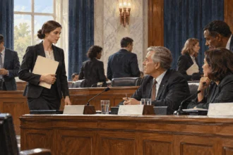 Conceptual painting of a congressional staffer bringing a war-powers folder to committee.