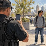 Conceptual painted illustration of an immigration officer holding a phone toward a person in a public plaza.