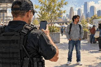 Conceptual painted illustration of an immigration officer holding a phone toward a person in a public plaza.