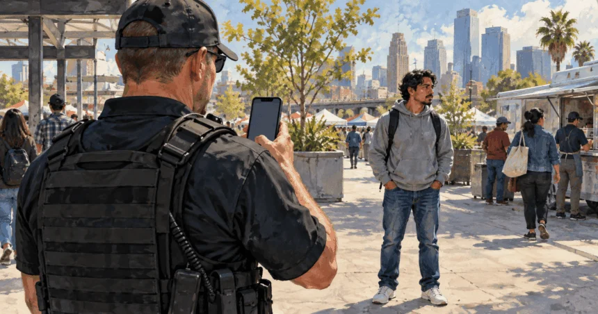 Conceptual painted illustration of an immigration officer holding a phone toward a person in a public plaza.