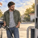 Conceptual watercolor of a driver filling a car at a gas pump with blank displays.