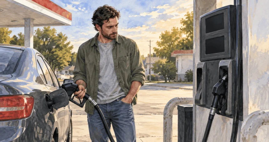 Conceptual watercolor of a driver filling a car at a gas pump with blank displays.
