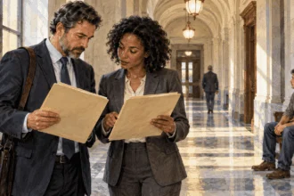 Conceptual watercolor of lawyers preparing for a rights case outside a courtroom.