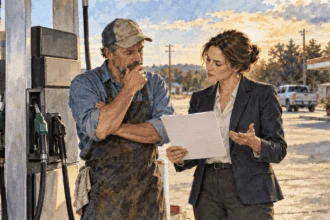 Conceptual painting of a station owner and analyst discussing possible fuel-price effects.