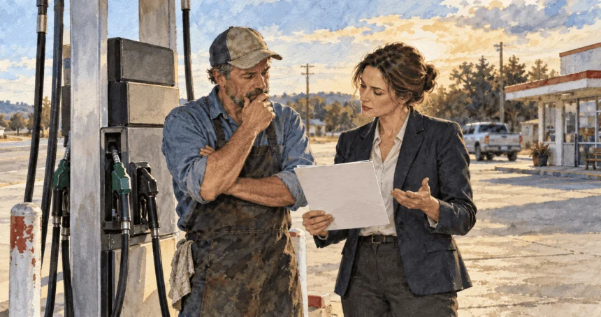 Conceptual painting of a station owner and analyst discussing possible fuel-price effects.