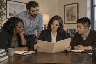 Federal workers discuss a benefits complaint with an attorney.