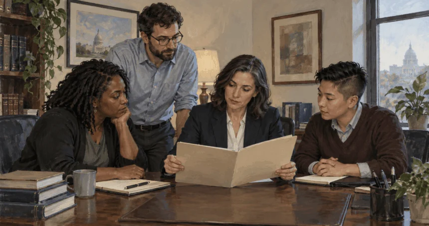 Federal workers discuss a benefits complaint with an attorney.