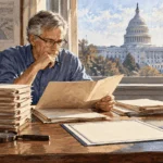 Painted illustration of at an archive table, a reporter reviews a stack of plain case folders and a blank presidential proclamation beside a photograph-like image of the Capitol building.