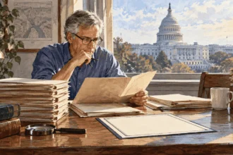 Painted illustration of at an archive table, a reporter reviews a stack of plain case folders and a blank presidential proclamation beside a photograph-like image of the Capitol building.