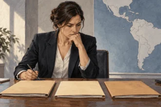 Conceptual painting of a policy analyst reviewing regional briefing materials.