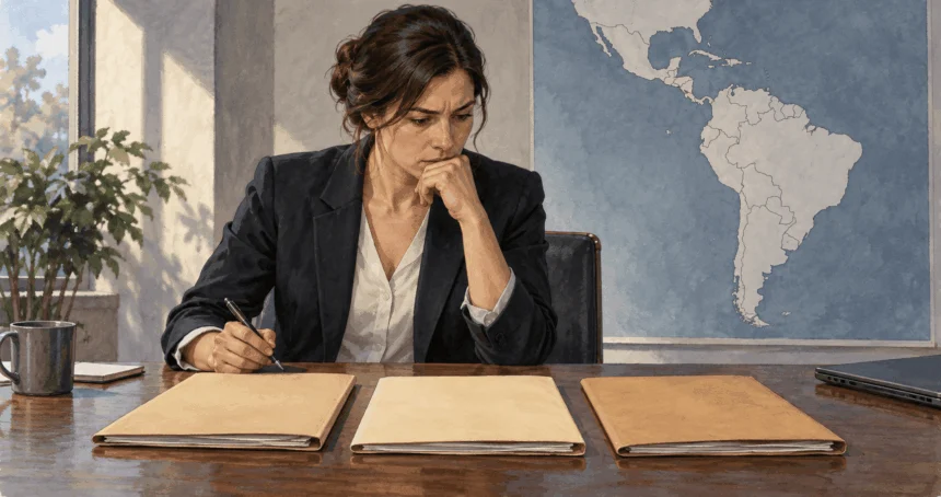 Conceptual painting of a policy analyst reviewing regional briefing materials.