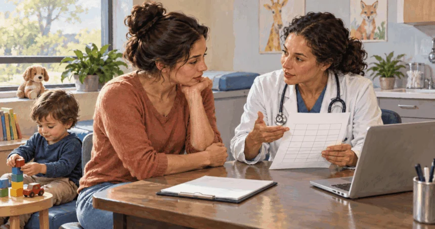 Painted illustration of a parent and clinician discussing a blank childhood immunization schedule.