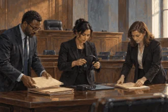 Conceptual painting of legal professionals and an interpreter preparing for a hearing in an empty courtroom.